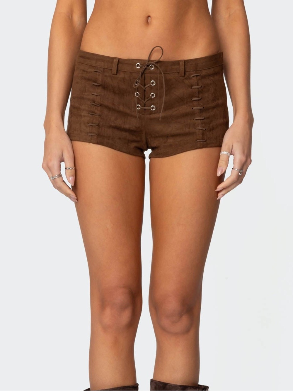 NWT Edikted Brown Lace-Up Sloane Faux Suede Micro Mini Women's Shorts